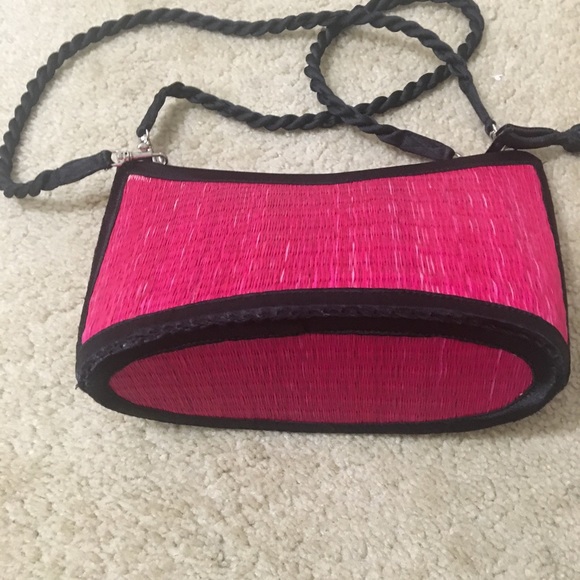Baskets of Cambodia Woven Bamboo Purse Shoulder Bag Pink Black Detachable Staps - Picture 3 of 10